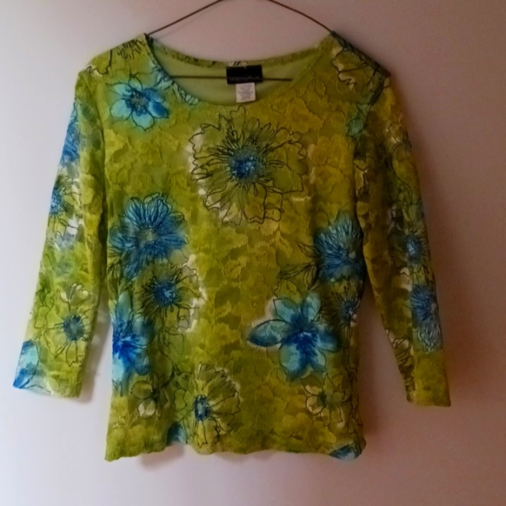 Floral netted top in blues & greens